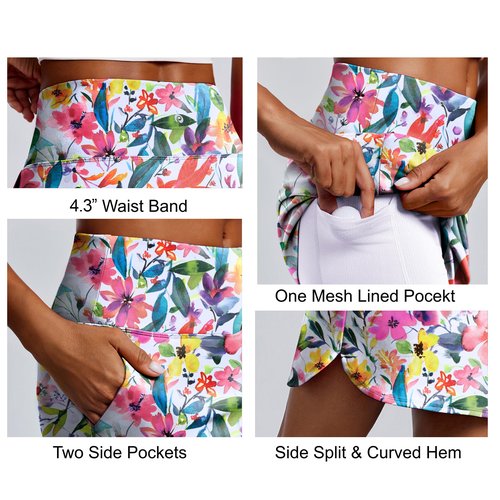 PINSPARK 18" Skorts for Woman Golf Skirt Quick Dry Pickleball Skirts with Pockets Tummy Control Active Rip Skirt, Mixed Floral Medium