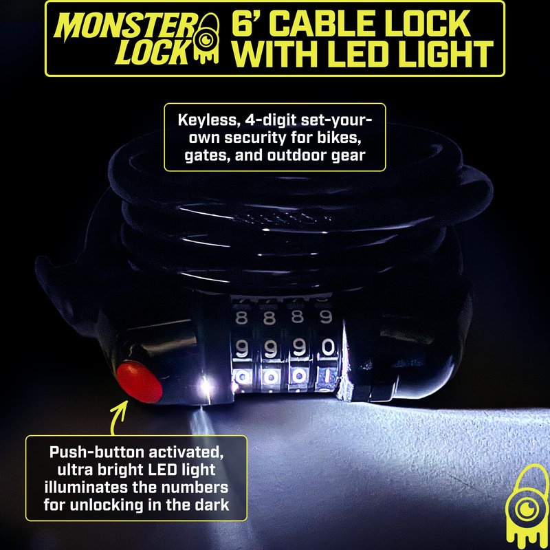 Monster Lock 6-Foot x 12-Gauge Combination Cable Lock with Built-in LED Light – Heavy-Duty Bike, Gate, and Outdoor Security Lock – Trust The Monster … Unbeatable Security
