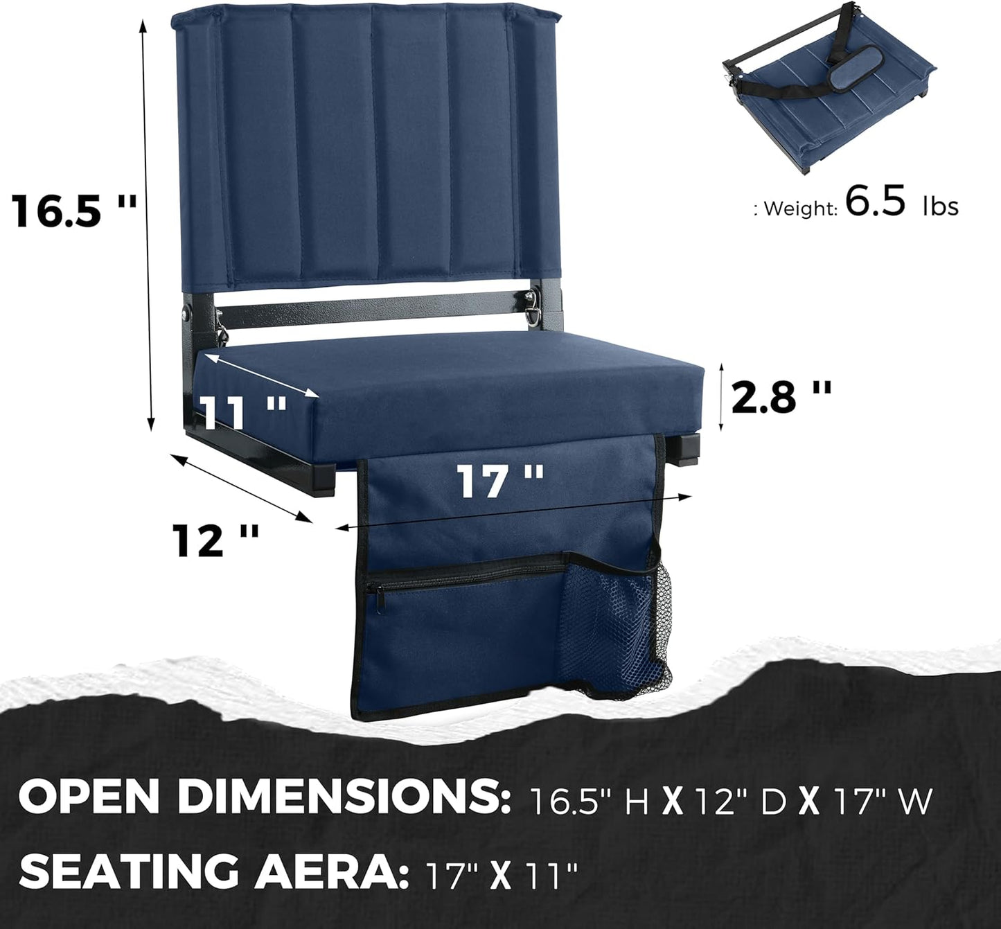 Sport Beats Stadium Seats - Comfortable Bleacher Chairs with Back Support & Cushion | Navy Blue, 1pc - 17" W x 12" D x 16.5" H