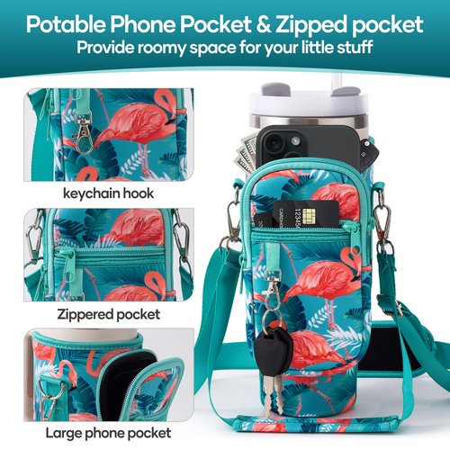 linmaya Water Bottle Carrier Bag for Stanley Cup 40/30oz with Phone Holder Pocket, Neoprene flamingo Water Bottle Cross-body Carrier Bag with Adjustable Shoulder & HandStraps
