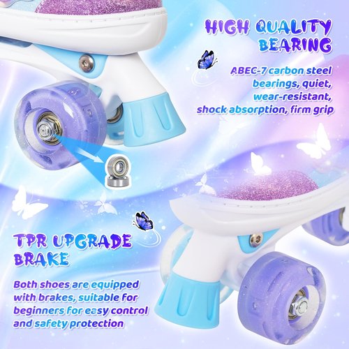 MammyGol Kids Roller Skates for Girls or Boys, 4 Size Adjustable Roller Skates for Children with Beautiful Butterflies, Beginner Kids Light up Roller Quad Skates Indoor Outdoor (Purple)