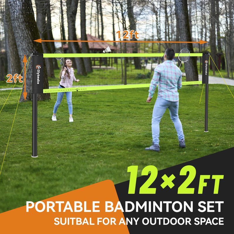 12ft Badminton Net Set for Backyard Beach with Durable Anti-Sagging Net, Heavy Duty Poles, 2 Aluminum Badminton Rackets, 3 Shuttlecocks, Carry Bag - Easy Setup & High Stable (Black and Green, 12ft)