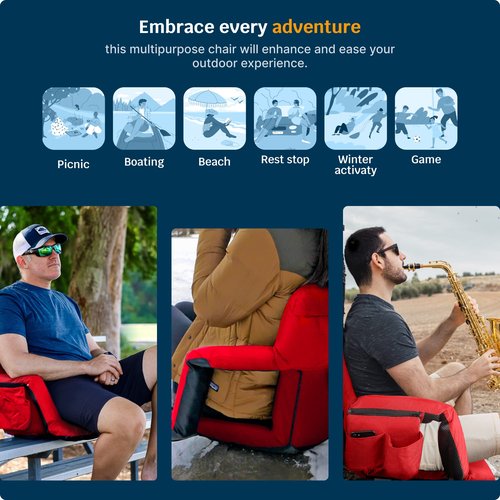 Alpcour Reclining Stadium Seat – Wide Bleacher Chair with Back Support and Cushion, Armrests, Side Pockets, and Bleachers Hook – Best Stadium Seats Chairs for Camping, Kayak, & Paddle Board Backs