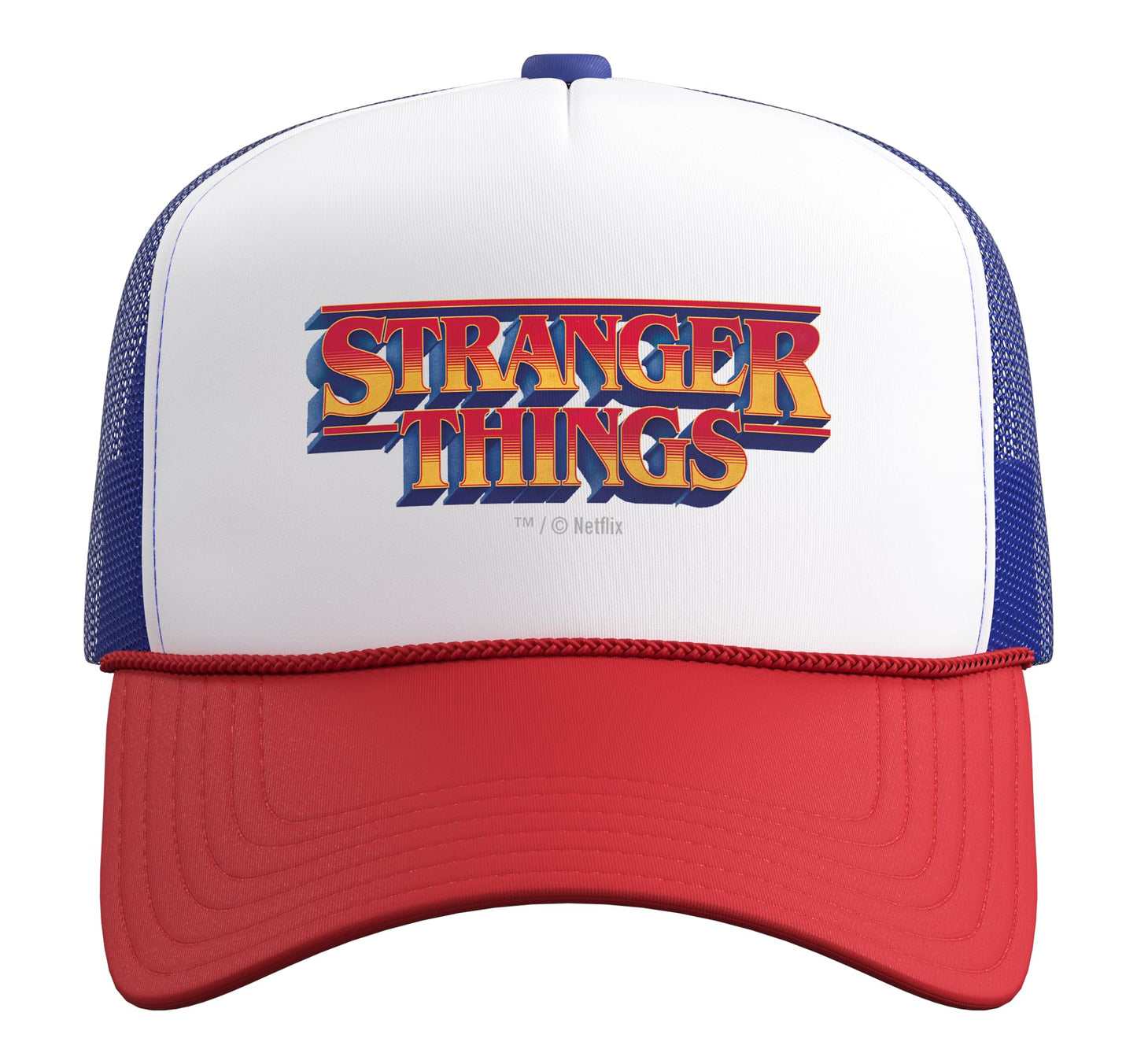 Stranger Things S5 V1 Cult Classics Character Trucker Hat with Adjustable Mesh Back, Red/White/Royal Blue