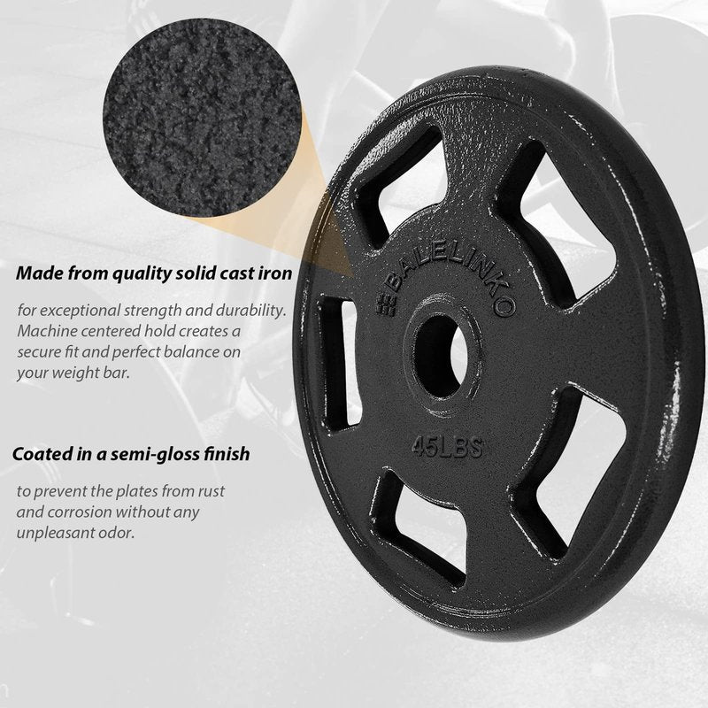 Balelinko Cast Iron 2-Inch Olympic Grip Plate Weight Plate for Strength Training, Weightlifting and Crossfit in Single, 45LB, Black