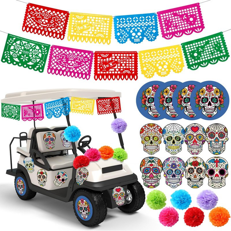 Faccito 19 Pcs Day of The Dead Golf Cart Decorations Dia De Los Muertos Car Decoration Picado Fiesta Banner Pom Poms Sugar Skull Stickers for Halloween Golf Cart Party Decor