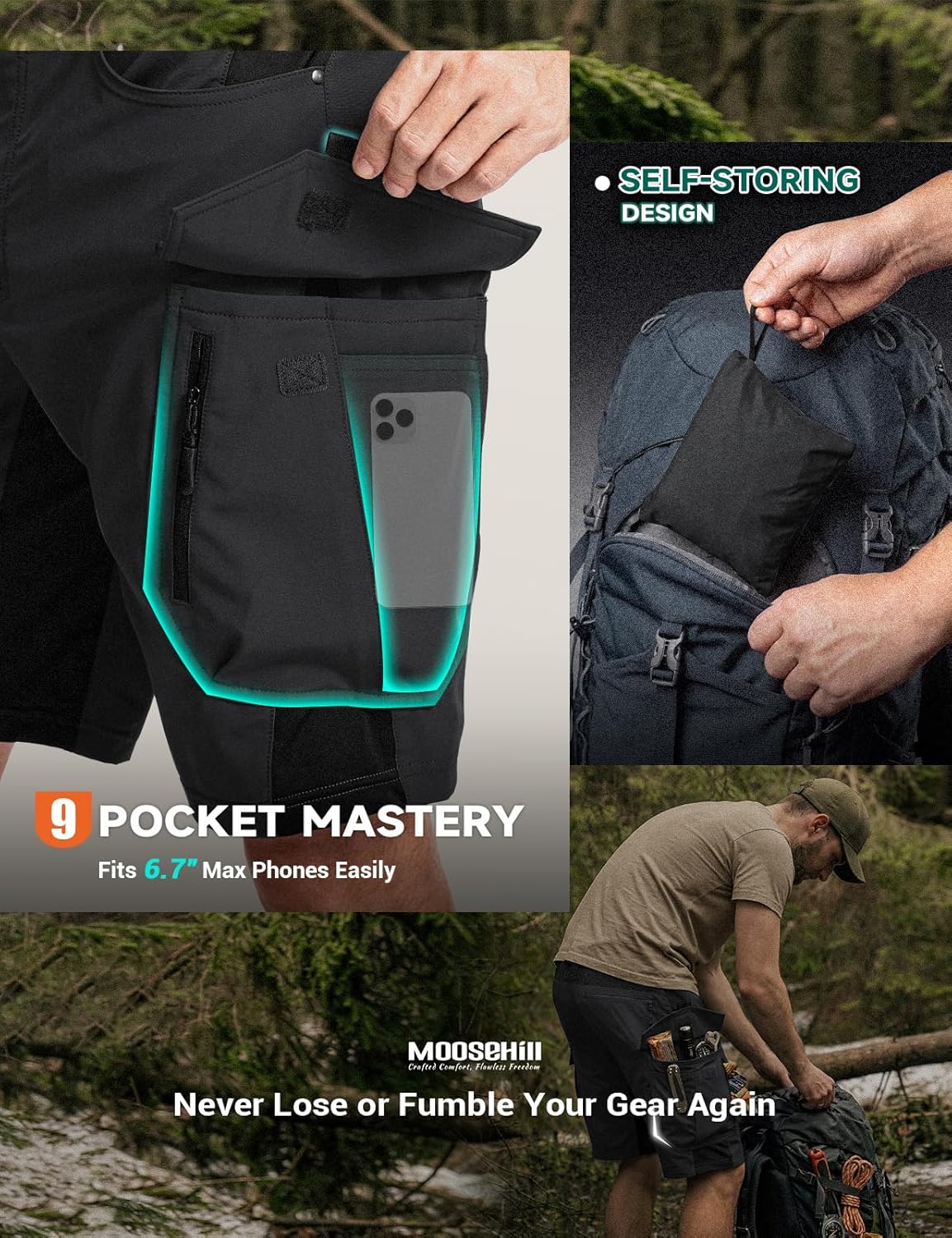 Moosehill Men's Hiking Cargo Shorts - Quick Dry Lightweight Stretch for Outdoor Adventures | 9 Pockets