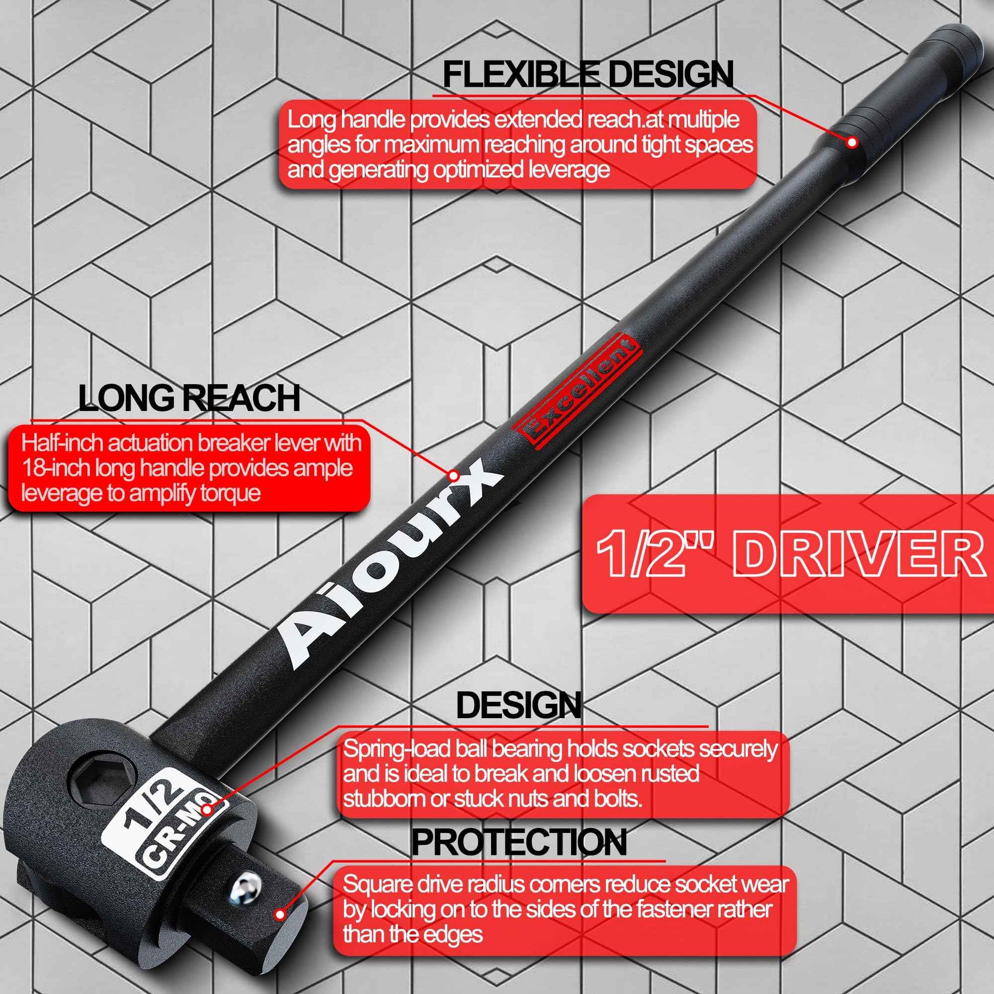 Aiourx 1/2'' Drive 17.5-Inch Breaker Bar, 250° Heavy Duty Head, Ball Lock Function, Chromium-Molybdenum Steel, Striking Laser Specifications, High Temperature Quenching Rod Body