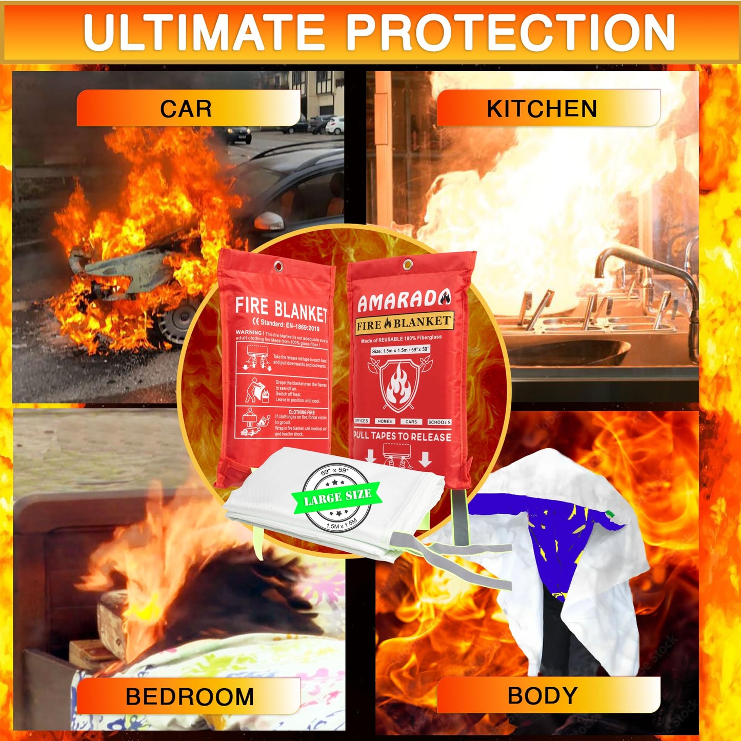 AMARADA | 2 Pack Emergency Fire Blanket | Large Size 59"x 59" | Ideal for Kitchen, Schools, Offices, Cars, Camping, BBQ, Outdoor Activities
