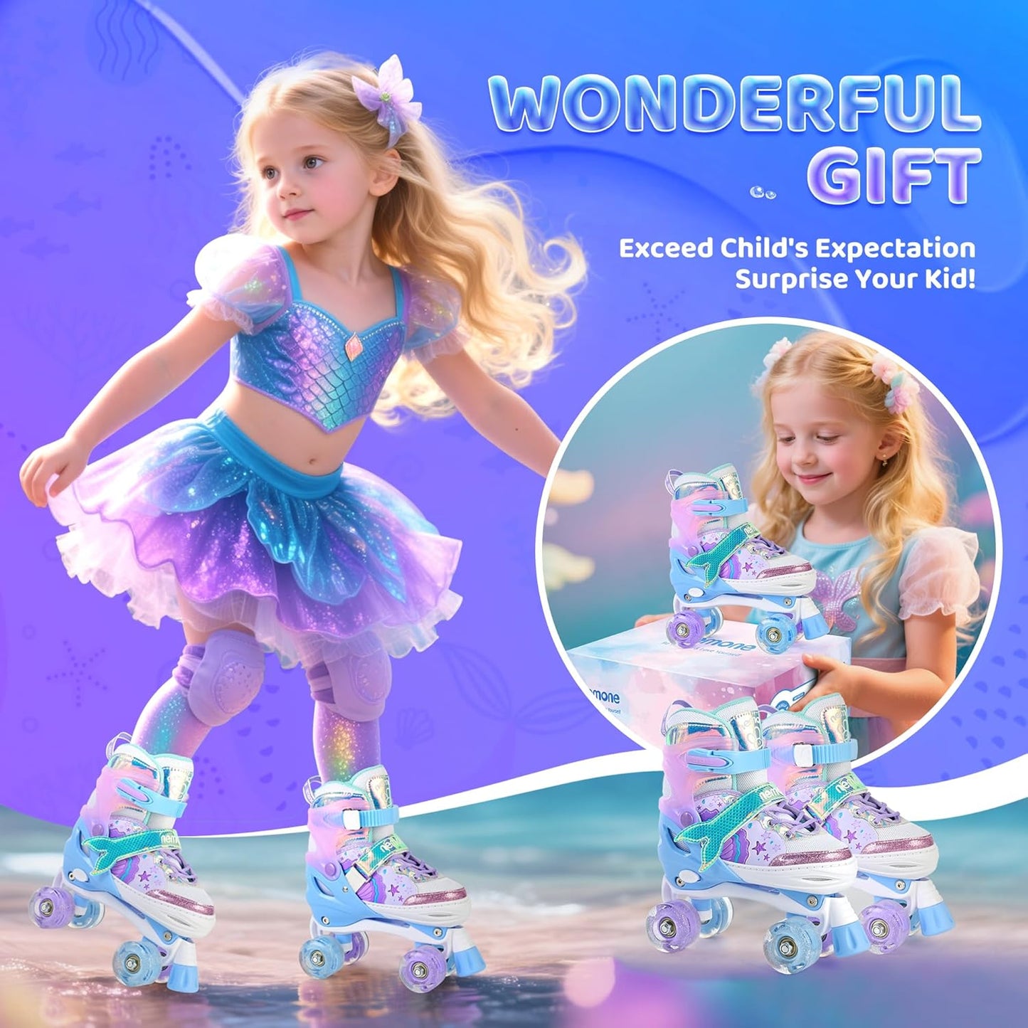 NEMONE Adjustable Light-Up Roller Skates for Girls | Purple & Blue | Perfect for Beginners & Toddlers
