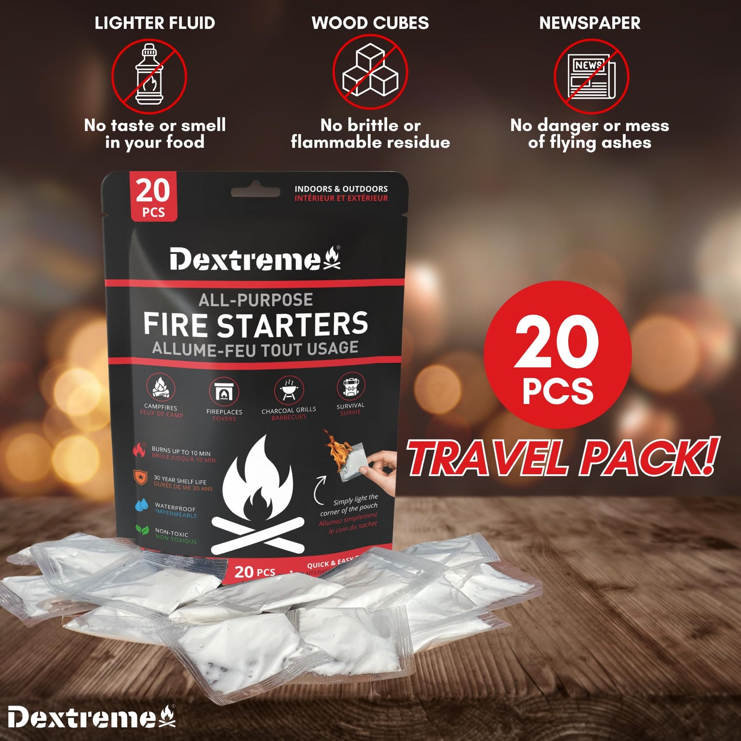 Dextreme Quick Instant Fire Starter - Waterproof All-Purpose Indoor & Outdoor Firestarter, for Charcoal Starter, Campfire, Fireplace, BBQ, Survival and Wood Stove (20 Pcs Bag)
