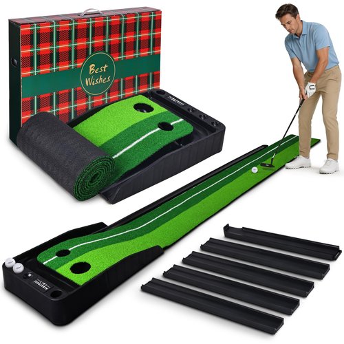 Fitvids Premium Automatic Ball Return Golf Putting Mat – Portable Indoor Golf Practice Green with Alignment Guide & Solid Base – Regular – Green