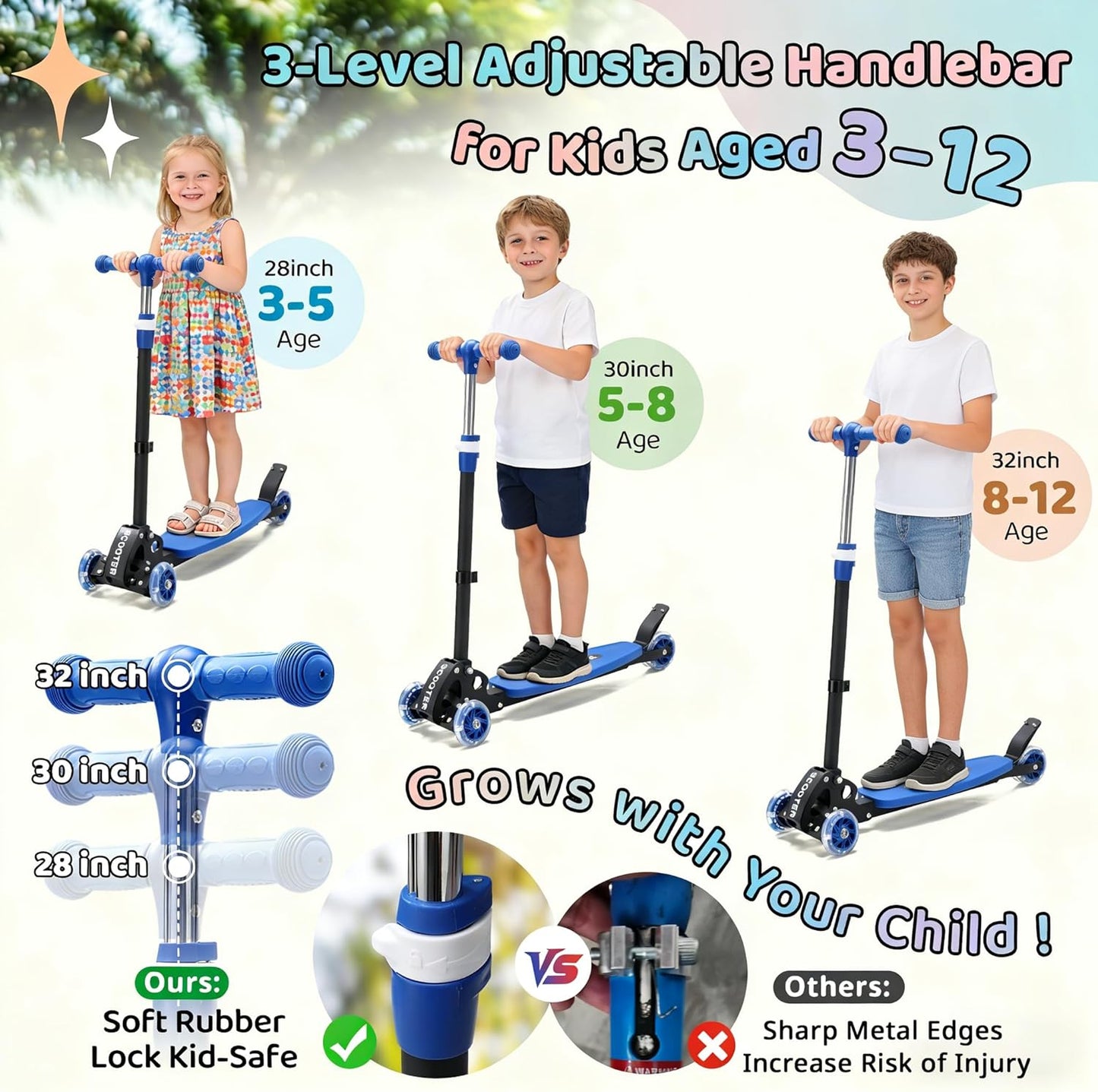 Skiennix Kick Scooter for Kids | Adjustable 28"-32" Handlebar | Light-Up Wheels & Anti-Slip Deck