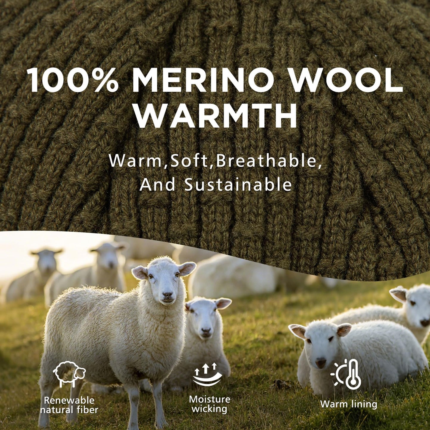 TOP-EX PolarWool™ 100% Merino Wool Winter Hat for Men Oversize Visor Beanie with Brim Fleece Lined Knit Cap for Cold Weather Hiking Skiing Big Head Green XL/XXL