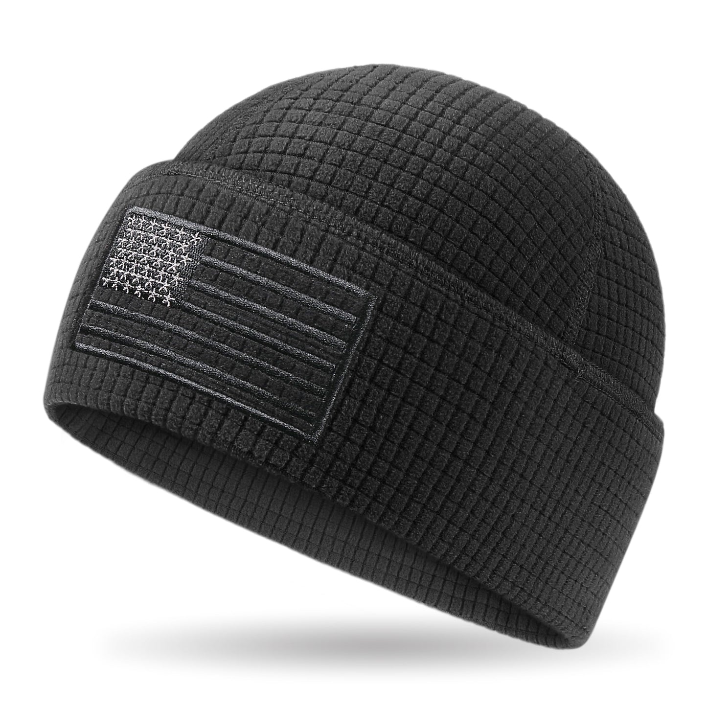 OUTDOOR SHAPING Grid Fleece Cuffed Beanie with American Flag Embroidery, Waffle Tactical Army Military Police Skull Cap Black