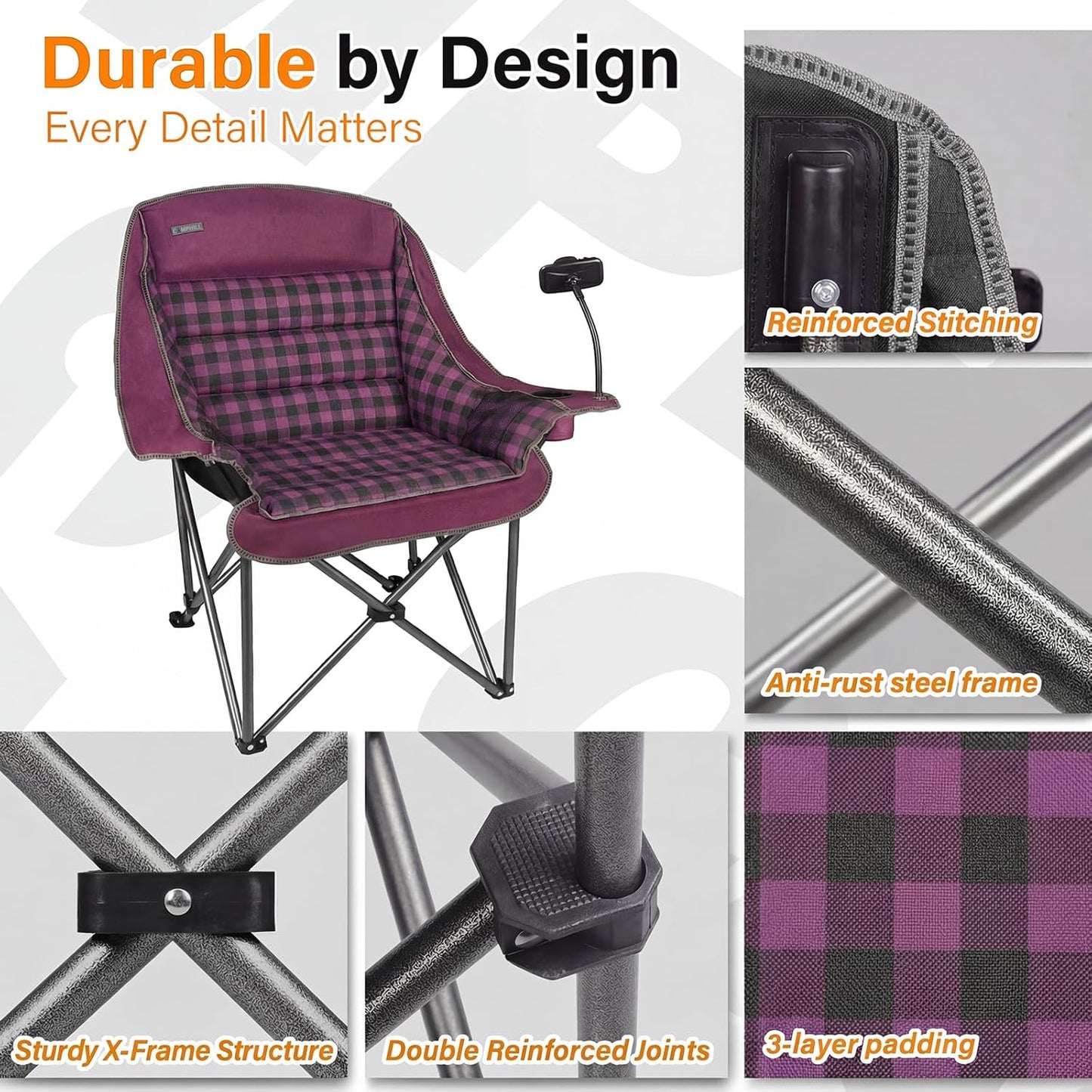 Regine Switzerland Oversized Camping Chair - Heavy Duty Extra Large Folding Padded Chair | Purple Plaid