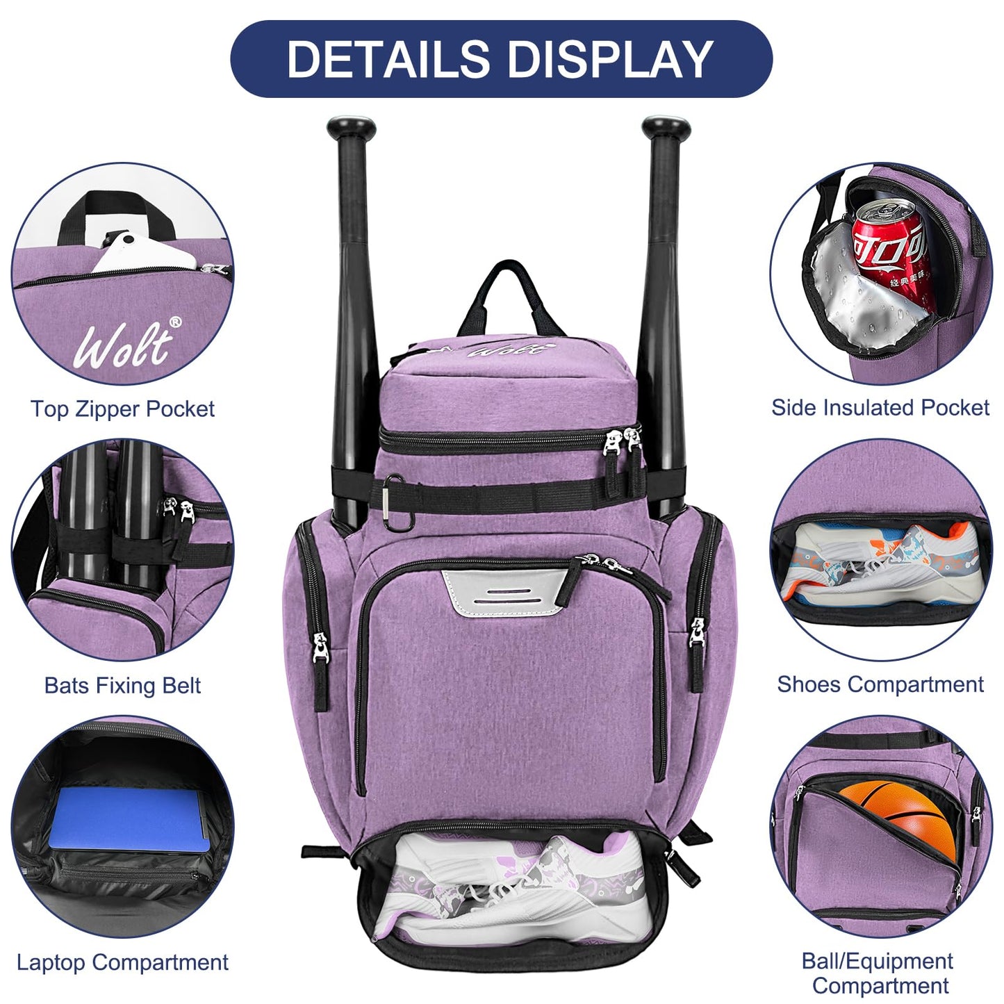 WOLT Basketball Backpack, Large Sports Bag with Separate Ball Compartment and Shoes Pocket for Basketball, Soccer, Rugby, Volleyball, Baseball