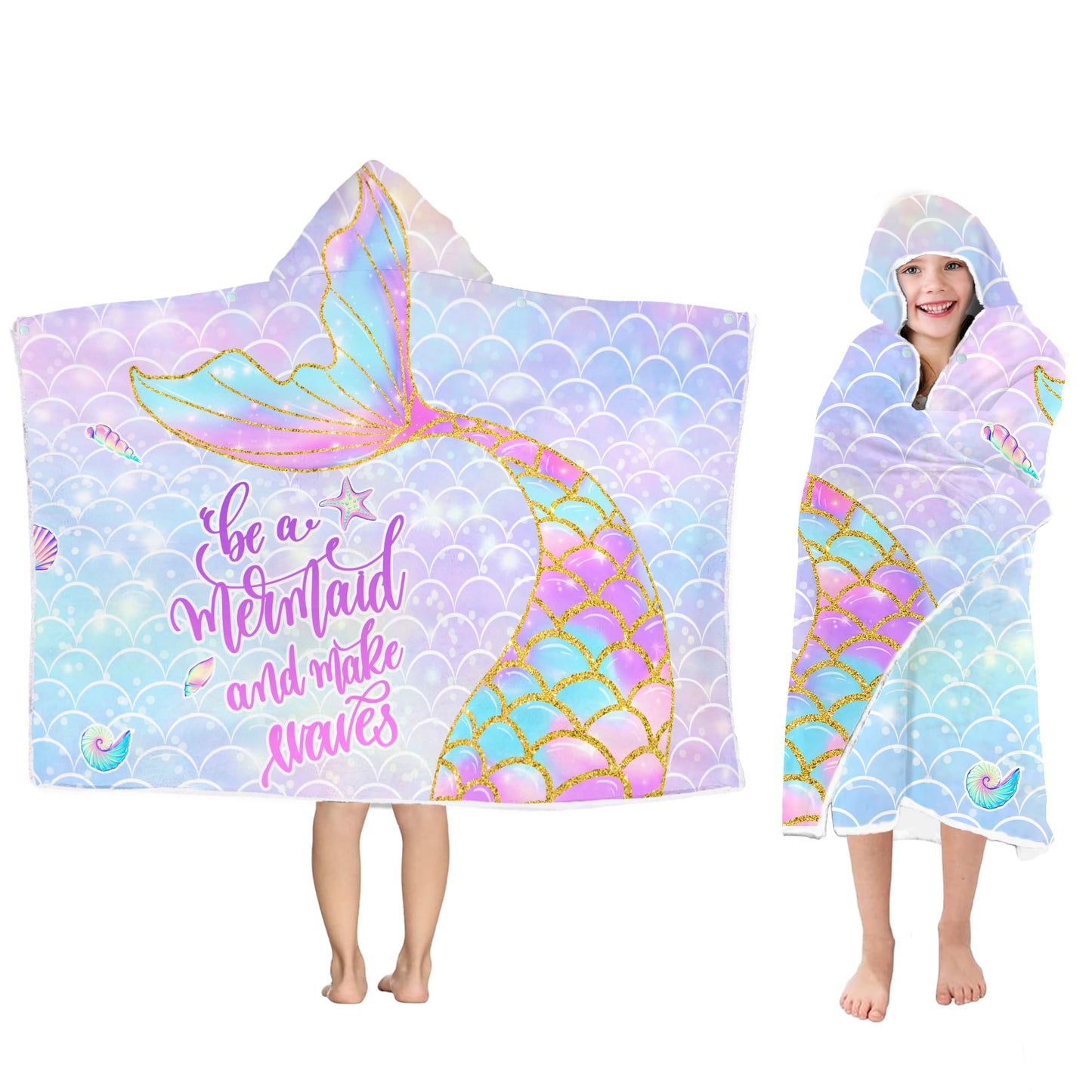 Mermaid Hooded Beach Towel for Girls - Kids Poncho Towel With Tail, Soft Absorbent Bath Towel With Hood, Pink Scales, 30"x50" - Bathrobe for Swim Pool Bath