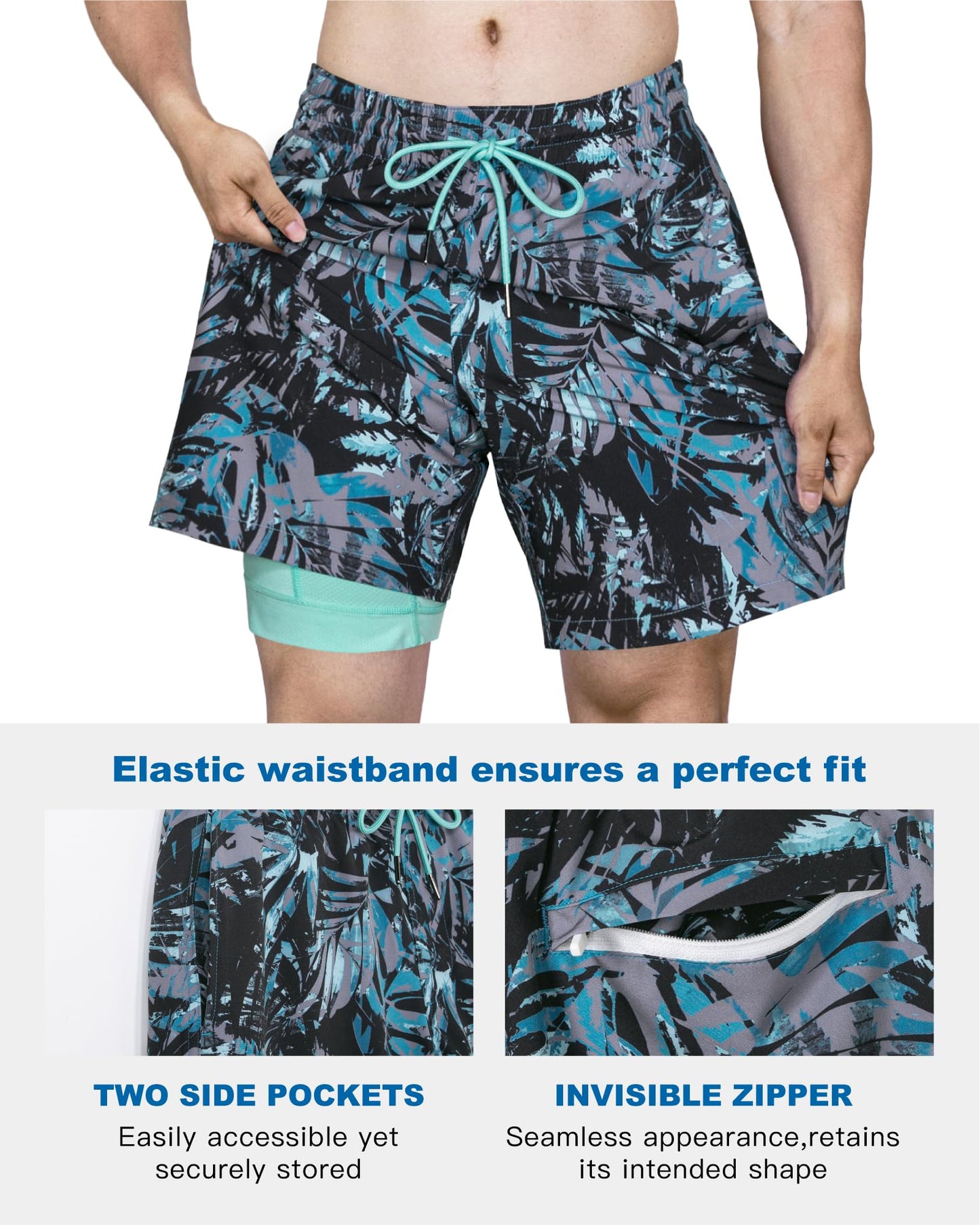 SURF CUZ Mens Swim Trunks with Compression Liner Quick Dry Swim Shorts 7" Swimming Trunks Stretch Bathing Suit 7 Inch,Forest Shadow,M