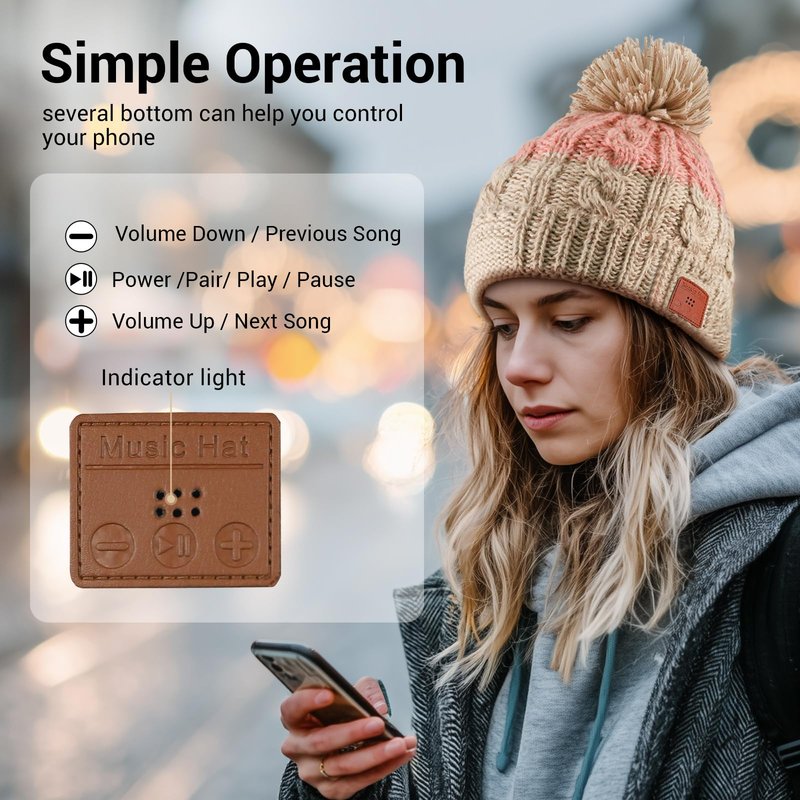 Wewow Bluetooth Beanie for Women, Beanie with Bluetooth Headphones and Microphone, Thick Winter Music Hat, Outdoor Homes and Gifts, Pink