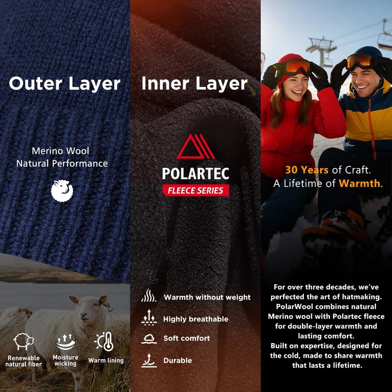 TOP-EX PolarWool™ Merino Wool Beanie Polartec® Fleece Lined L/XL/XXL Unisex Warm Winter Knit Hat Watch Cap (US, Alpha, X-Large, XX-Large, Black(Sentinel))