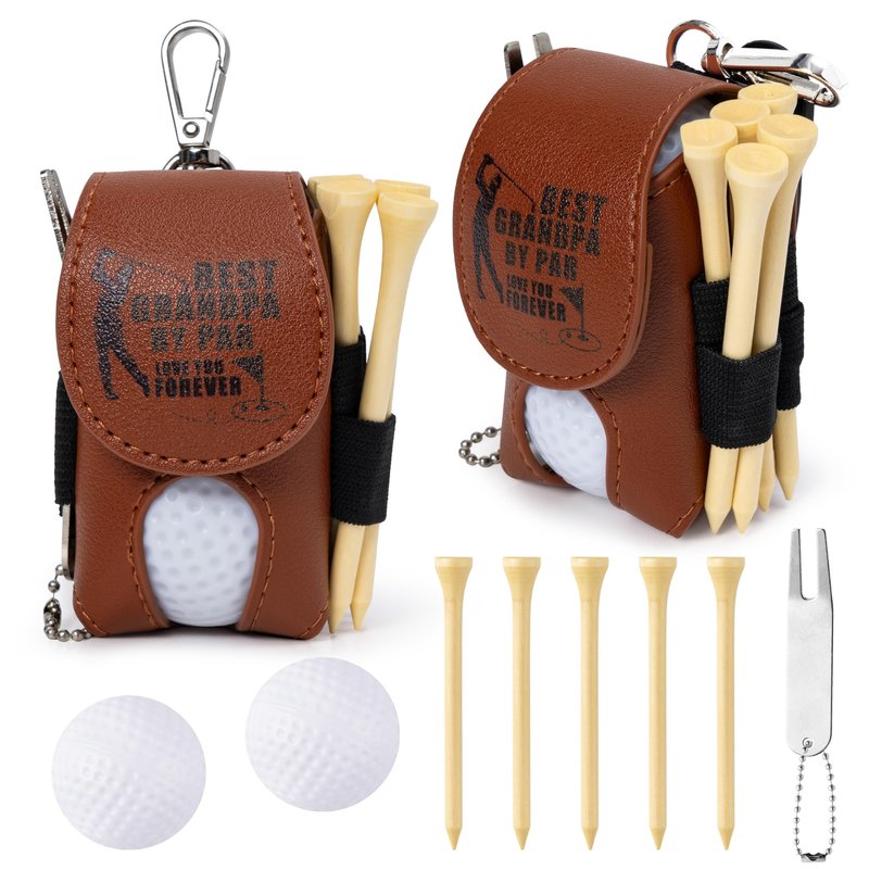 PANTIDE Father’s Day Golf Gift Set for Men Dad Grandpa - Brown PU Leather Pouch with 2 Balls, 5 Wooden Tees, Divot Repair Tool, Golf Accessories Gift for Birthday Christmas Retirement
