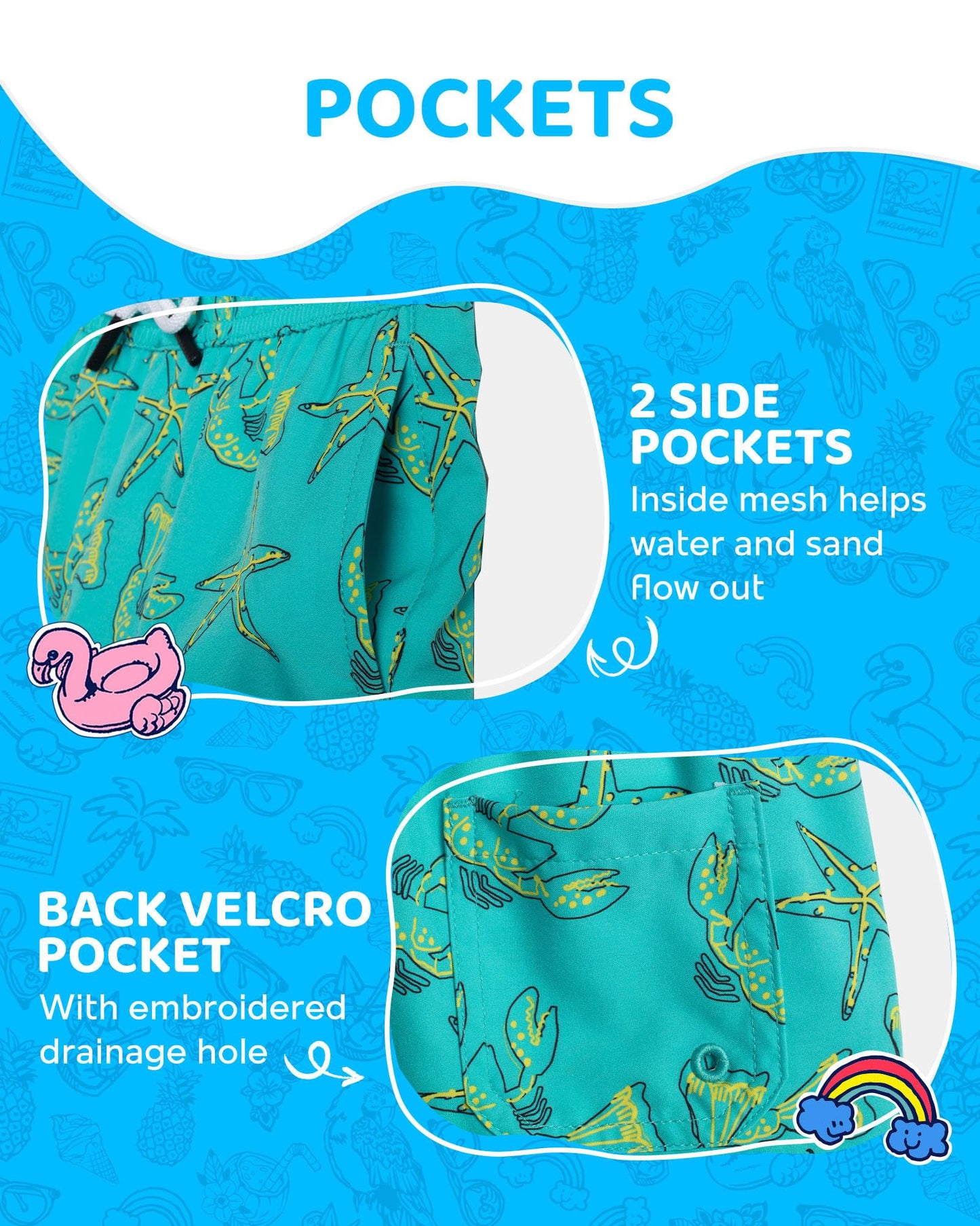 maamgic Boys Swim Trunks with Compression Liner Toddler Boy Swimsuit Quick Dry 4-Way Stretch Swimming Trunks Sea World Light Green 4T