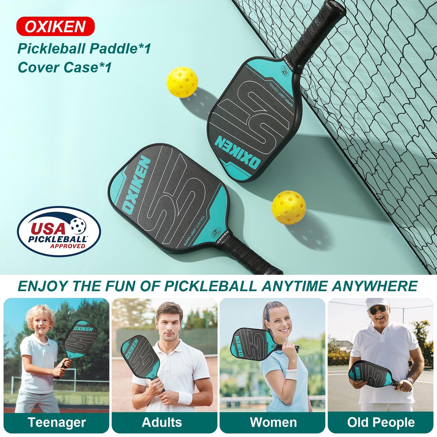 OXIKEN 16 mm Pickleball Paddles USAPA Approved T700 Carbon Fiber Surface (CFS) 8.3oz Pickle Paddle, Thermoformed High Grit & Spin, 5.5” Elongated Handle, Anti Slip Sweat Absorbing Grip with Cover Case