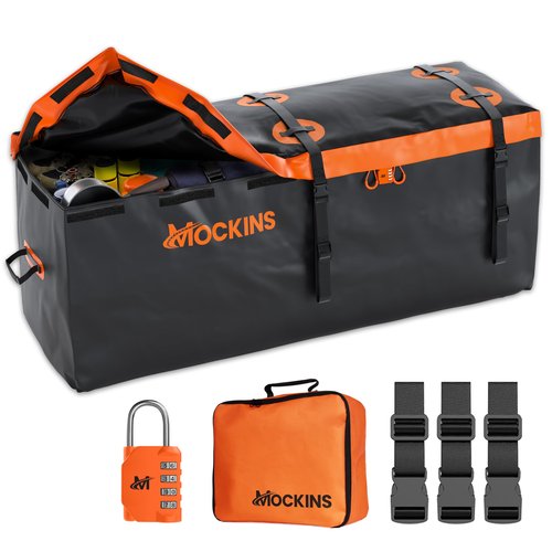 Mockins 16 Cu.Ft. Trailer Hitch Cargo Carrier Bag | 58"x20"x24" Abrasion-Resistant Vinyl Cargo Bag for Hitch Carrier | Waterproof Truck Bed Storage Set w/Buckle Straps, Combination Lock & Carry Case