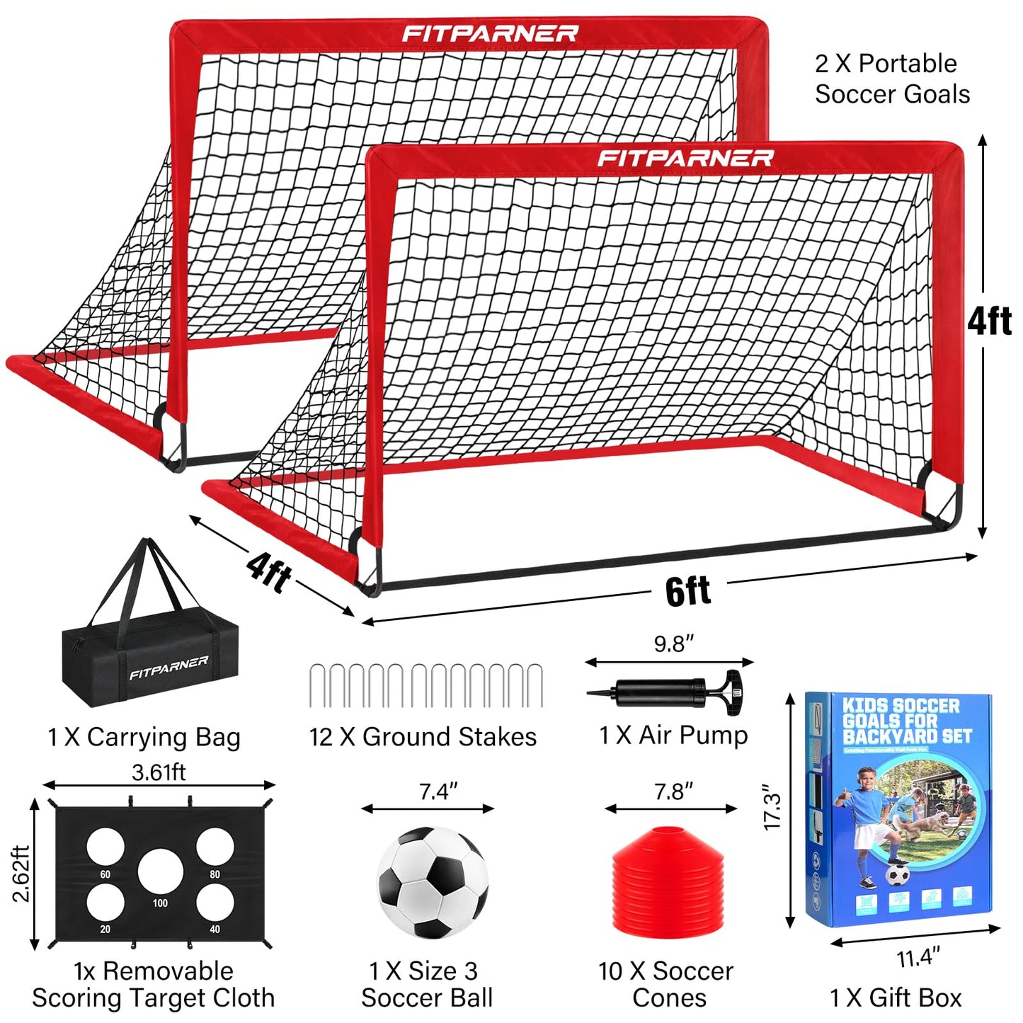 Kids Soccer Goal, 4x3 ft Soccer Net for Kids Age 3-14, Backyard Training Equipment Set with Target, Cones for Goal Practice,Outdoor Game, Ideal Gifts