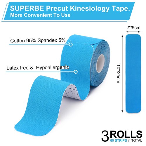 Kinesiology Tape Precut - K Taping Strips - Cintas Kinesiologicas for Pain Relief, Muscle Support & Injury Recovery, Waterproof, Breathable, Latex Free, 2 Inch x 16.5 feet (3 Rolls Pack)