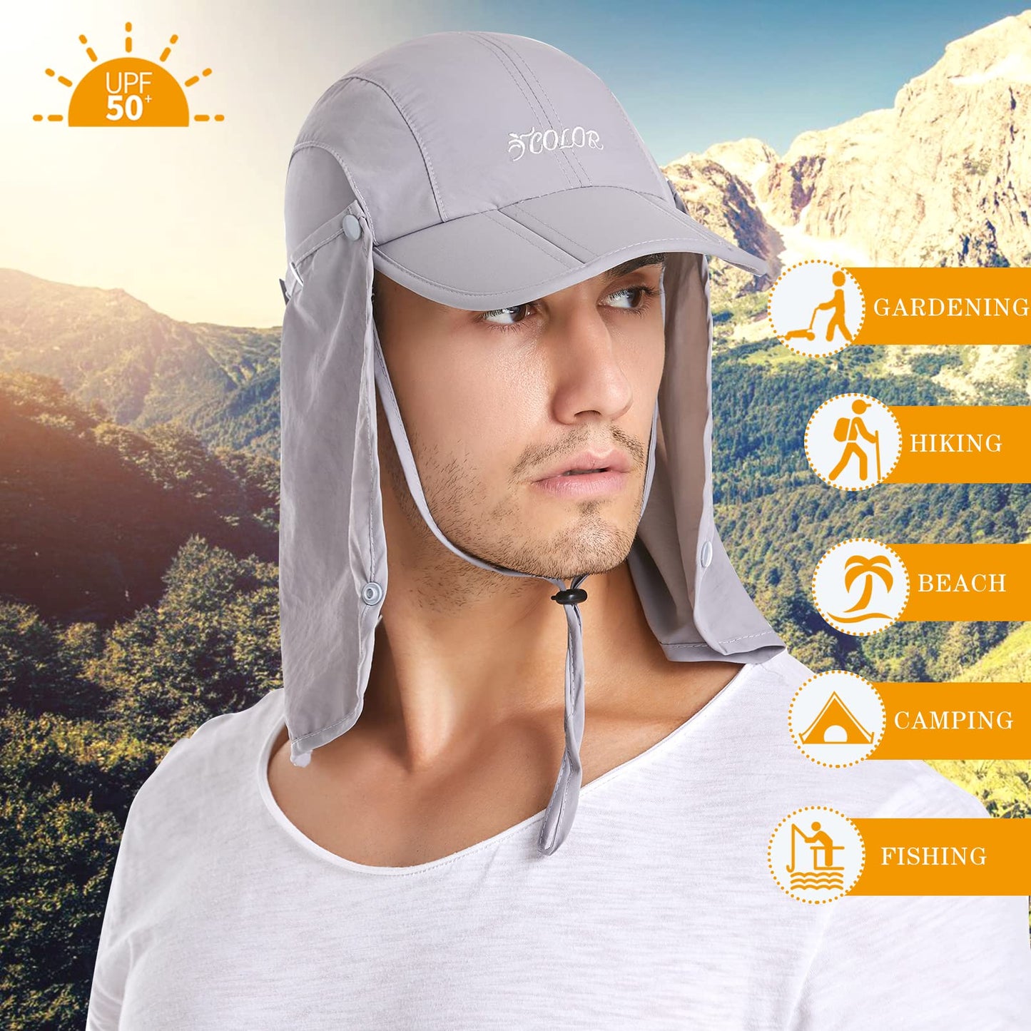 icolor Sun Hats for Men Women with Neck Flap,Foldable Sun Cap Fishing Sun Hats,Summer UPF50+ Sun Protection Ponytail Hats LightGray