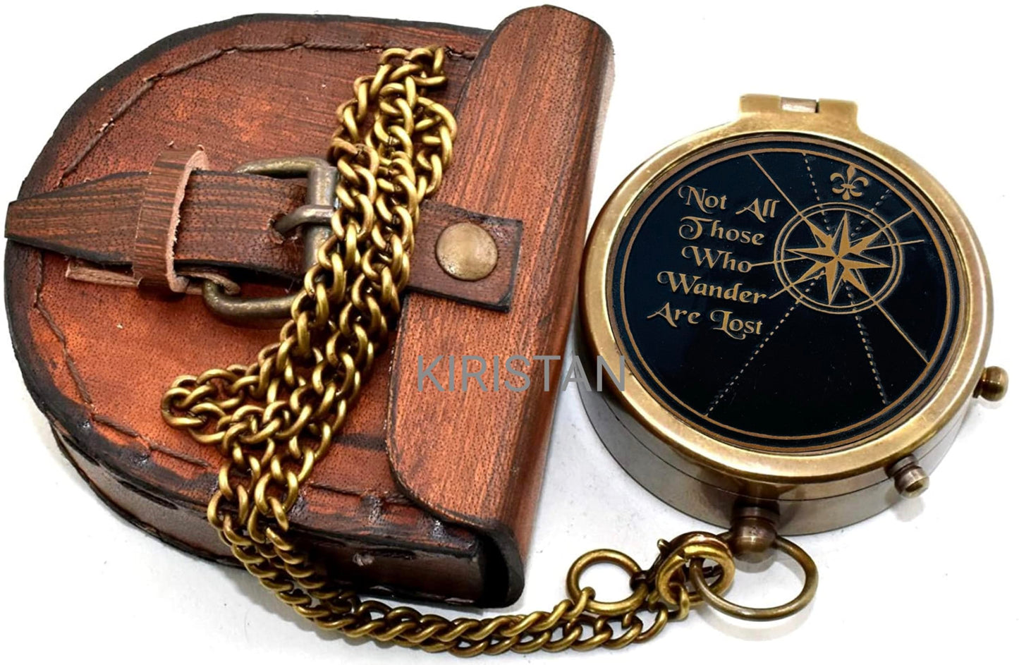Vintage Brass Compass Not All Those Who Wander are Lost, Engraved Antique Pocket Compass with Leather Case, Inspirational Graduation Gift for Men, Hiking Camping Navigation Nautical Compass