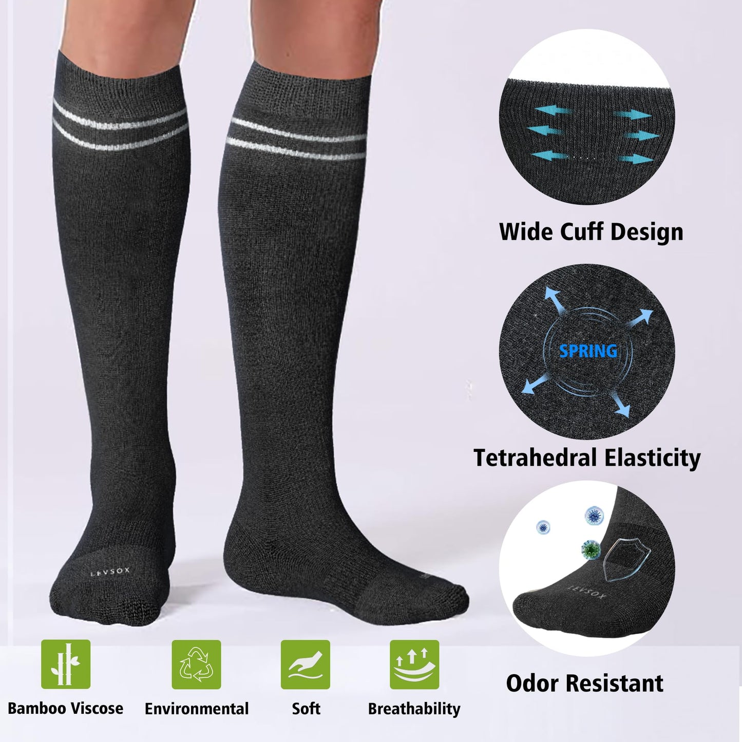 LEVSOX Viscose Made from Bamboo Compression Socks for Women&Men 20-30 mmHg Knee High Fun Cute Graduated Support Socks for Nurses, Pregnant Women, Travel and Flight, Medical, Grey