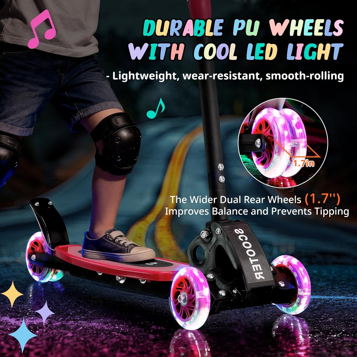 Skiennix Kick Scooter for Kids | Light-Up 3-Wheel Design with Adjustable Height & Stable Ride for Ages 3-7