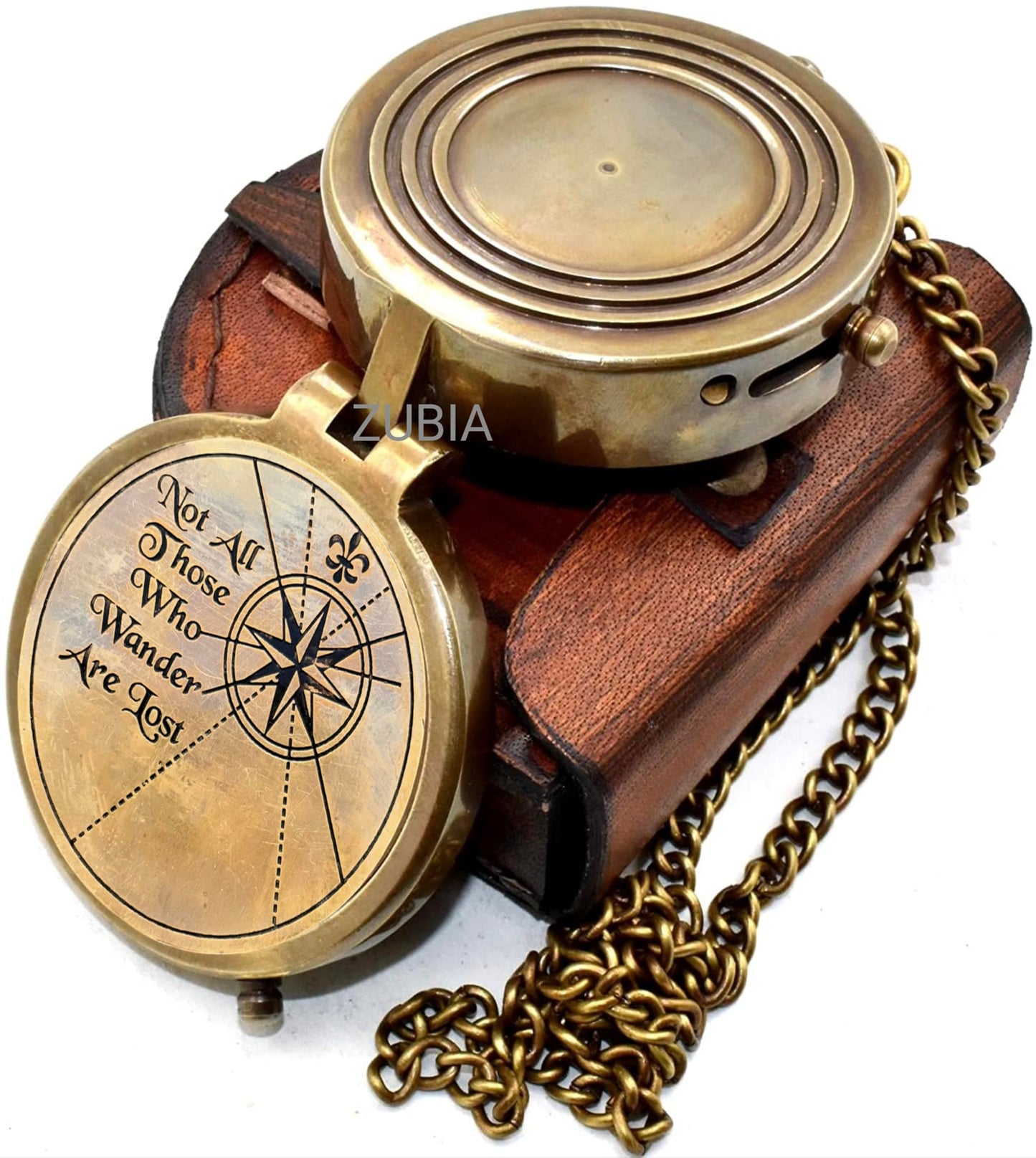 Vintage Brass Compass with Engraved Quote “Not All Those Who Wander are Lost” – Antique Nautical Pocket Compass with Leather Case – Personalized Gift for Anniversary, Birthday, Travel Lovers