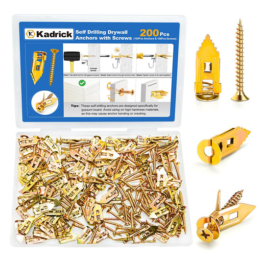 Kadrick 200Pcs Self Drilling Drywall Anchors with Screws，Zinc Plated Steel,2025 Upgraded Hollow Wall Anchors and Screws Kit, Easy Application No Drill or Holes in Wall(100 Anchors and 100 Screws)