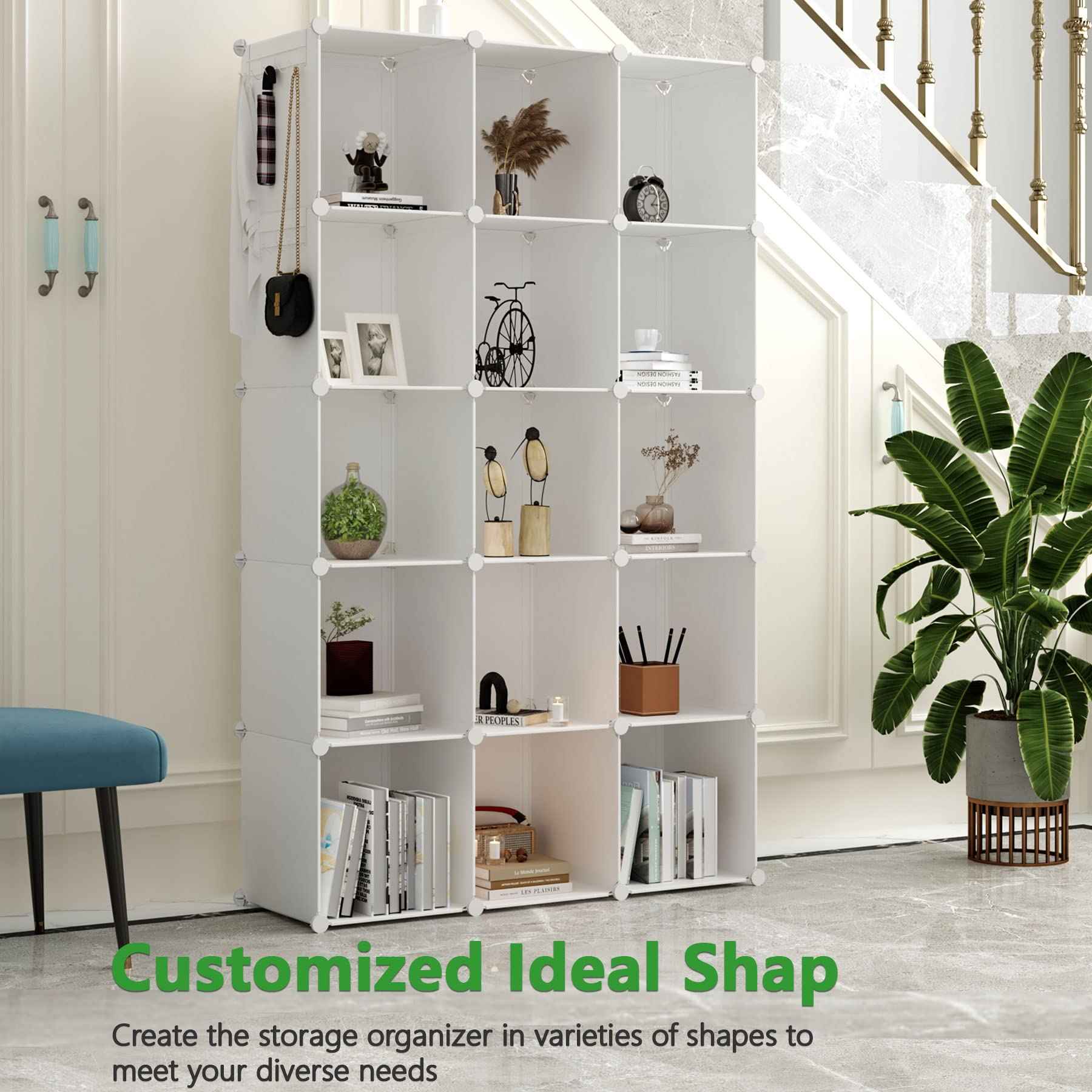 C&AHOME Cube Storage Organizer, 16-Cube Shelves Units, Plastic Storage Cubes, DIY Closet Organizer, Modular Closet Storage Shelves Ideal for Home, Bedroom, 48.4" L × 12.4" W × 48.4" H Milky UPCS16M