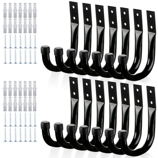 KURUI Large Metal Wall Hooks for Hanging Living Room/Bedroom/Garage, 14Pcs Garage Organization and Storage Heavy Duty Hook for Tool Coat Backpack Bag, 40 LB Black Wall Mount Hanges for Outdoor Indoor