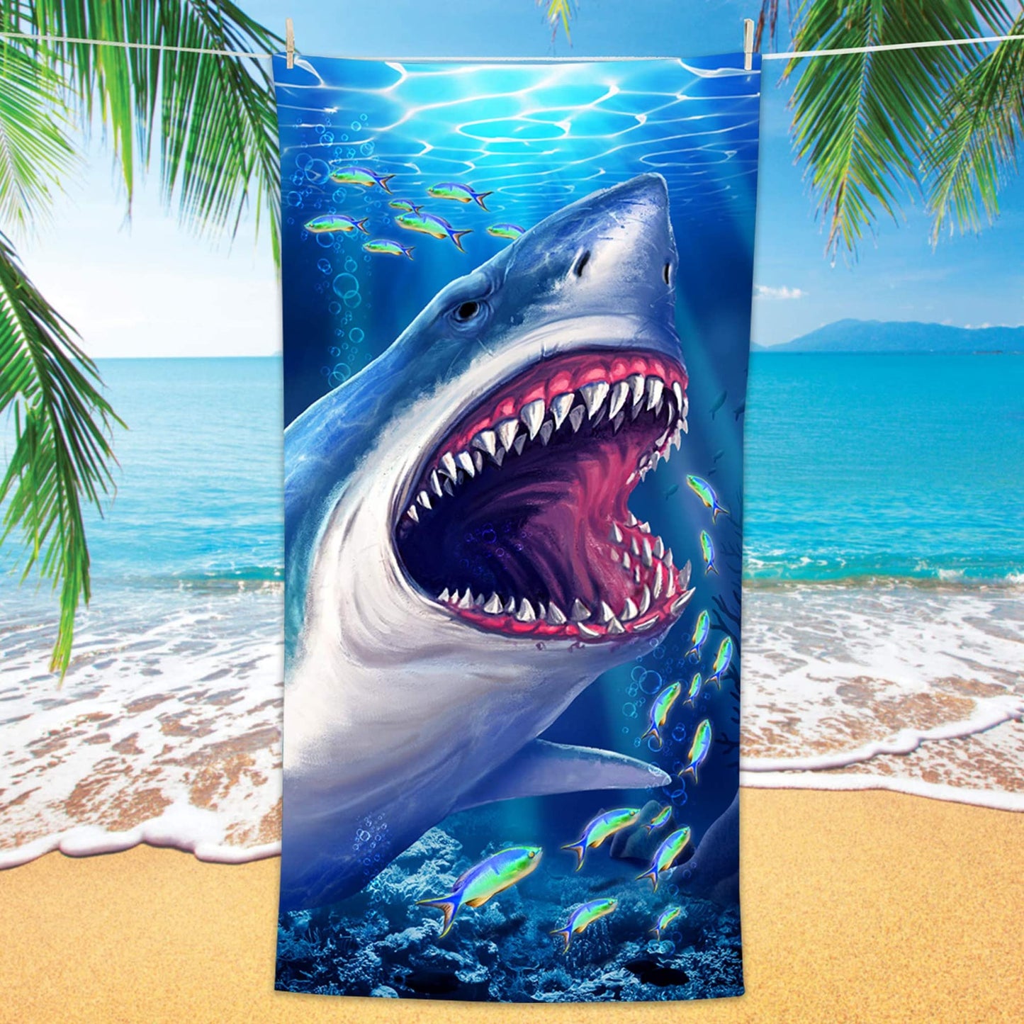 Bonsai Tree Shark Beach Towel, Cool Ocean Fishes Microfiber Bath Towel