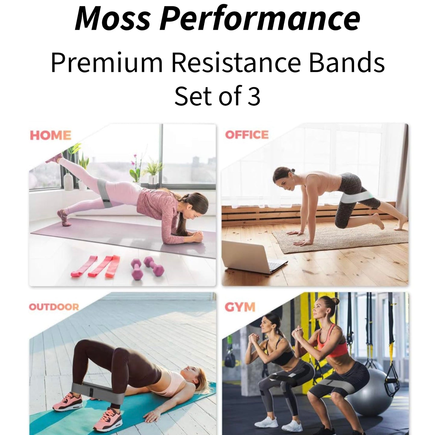Moss Performance Premium Fabric Resistance Bands, Glute Bands, Set of 3 Resistance Strengths with Carrying Bag for Men & Women, Strength Training, Pilates, Physical Therapy, Home Exercise, & More