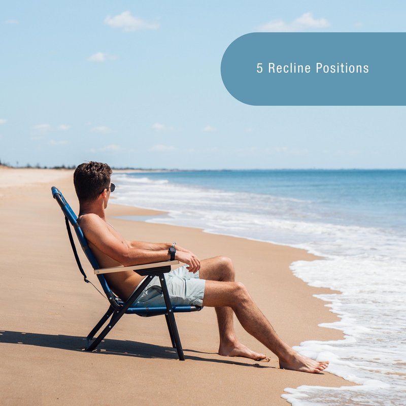 CleverMade Kove Twilight Blue Beach Camping Chair, Hands Free Carrying Strap + Real Wood Handles & 2 Cup Holders, Foldable Reclining Low Profile Collapsible Lawn Chair, Holds 300 lbs