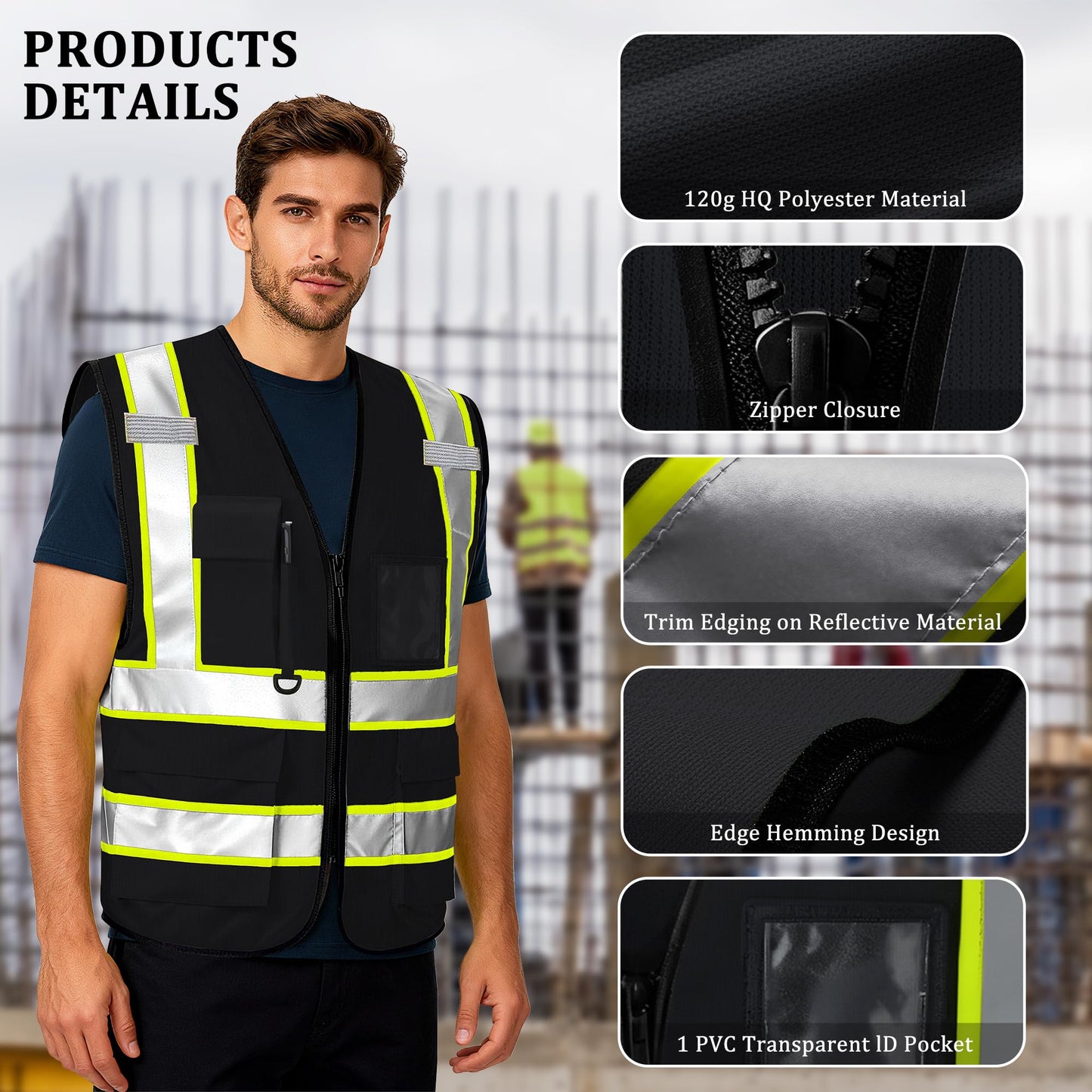 Safekim Custom Safety Vest with Logo, High Visibility Reflective Black Personalized Safety Vest for Men Women, Customized Construction Work Vest with Pockets and Zipper
