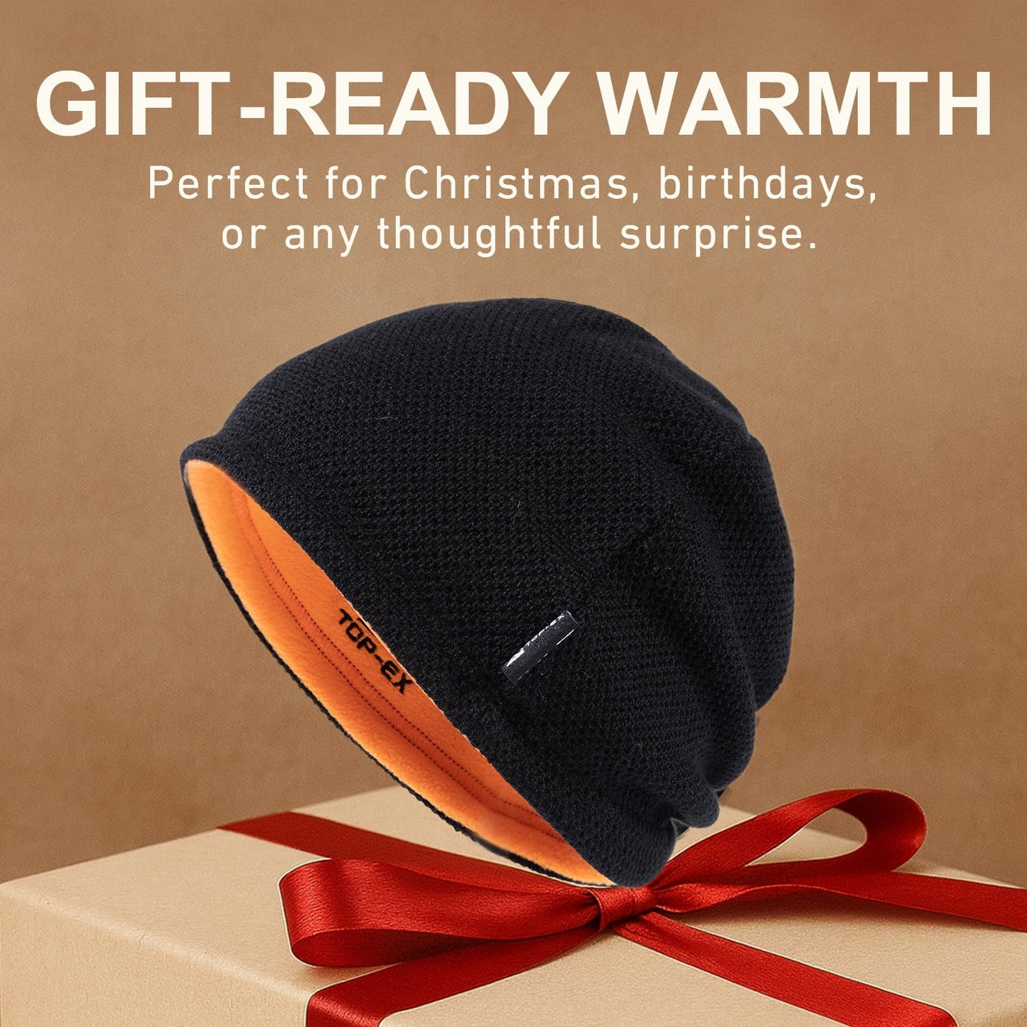 TOP-EX Reversible Wool Beanie Hat for Men Winter Outdoor Work Ski Running Warm Knit Skull Cap Fleece Lined Windproof Watch Cap Gift for Dad Christmas Black M/L