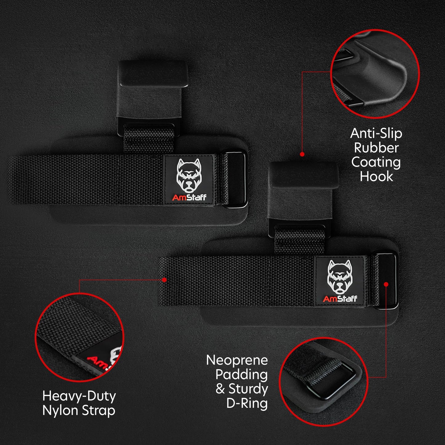 AmStaff Fitness Weight Lifting Hooks (Pair, Black) - Gym Wrist Straps with Steel Hooks for Weightlifting, Pull-Ups, Deadlifts, Strength Training, and Fitness Workouts - Adjustable Neoprene Wrist Support