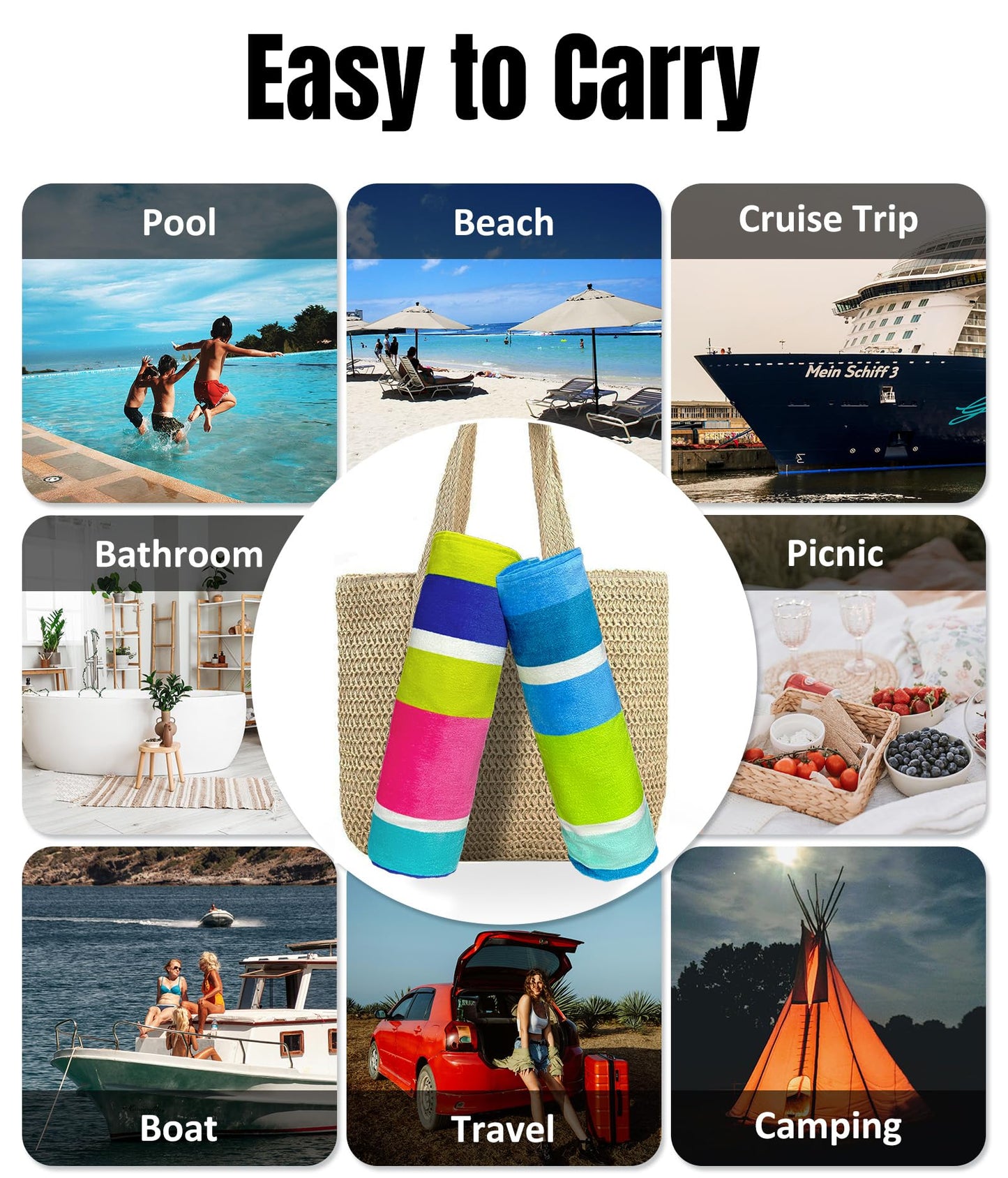 cabanana Large Beach Towel Oversized - Cotton Velour 35 x 70 Inch Rainbow Striped Terry Pool Towel, Cabana Soft Swimming Towel for Adults Women Men (Rainbow Pink)