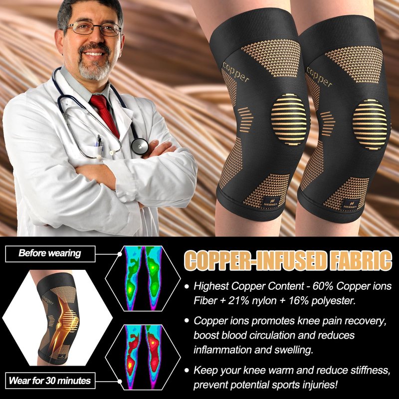 NEENCA Copper Knee Brace for Women and Men, Knee Compression Sleeve for Knee Pain, Arthritis, ACL, Meniscus Tear, Joint Pain Relief, Knee Support for Running, Working Out, Fitness,Weightlifting-Single
