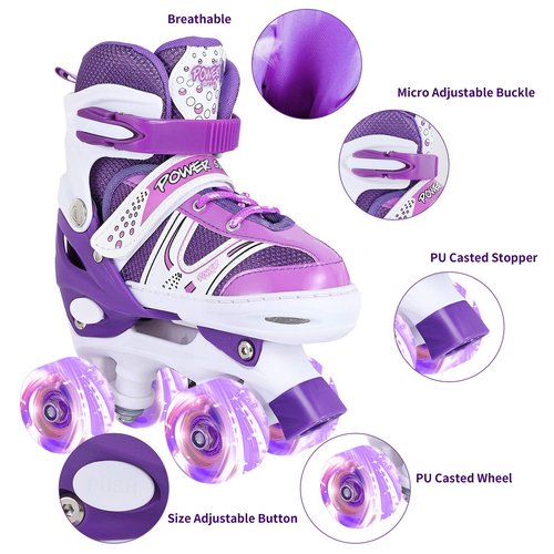 Kids Roller Skates for Girls, Adjustable Size Double Roller Skates, with All Wheels Light up, Fun Illuminating Rollerskates for Beginners, Medium（2-5）, Purple