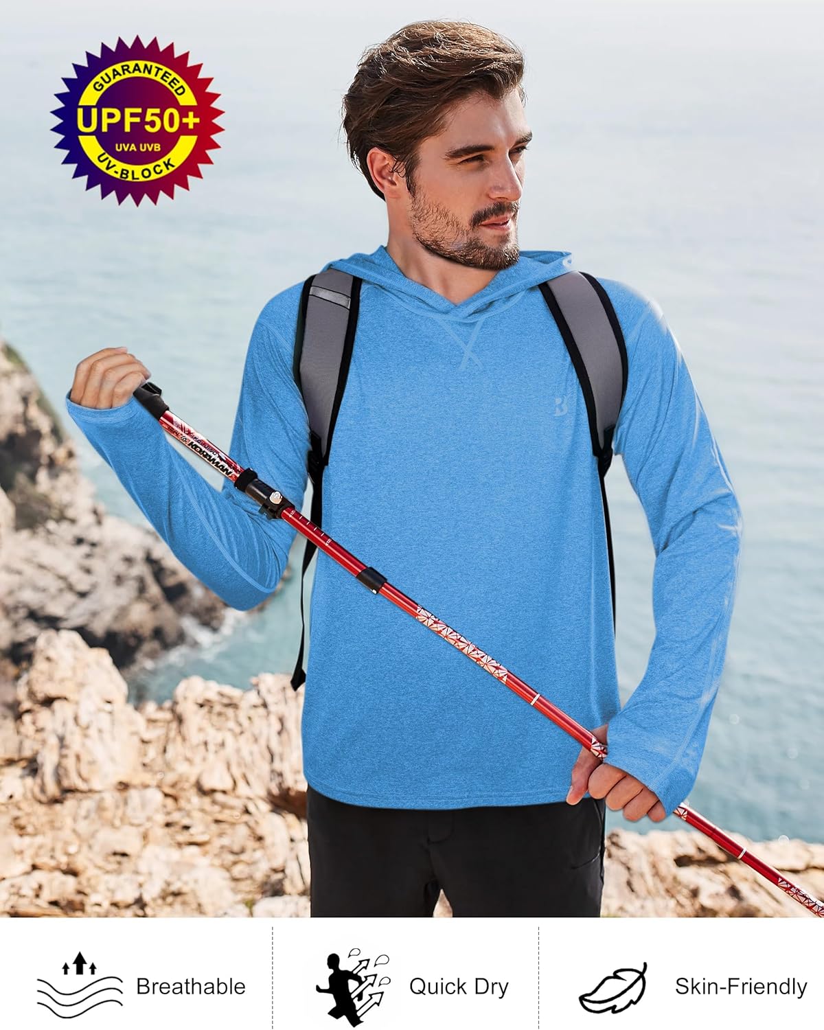 Roadbox Men's Fishing Shirt - UPF 50+ Long Sleeve UV Sun Hoodie for Hiking & Athletic Activities