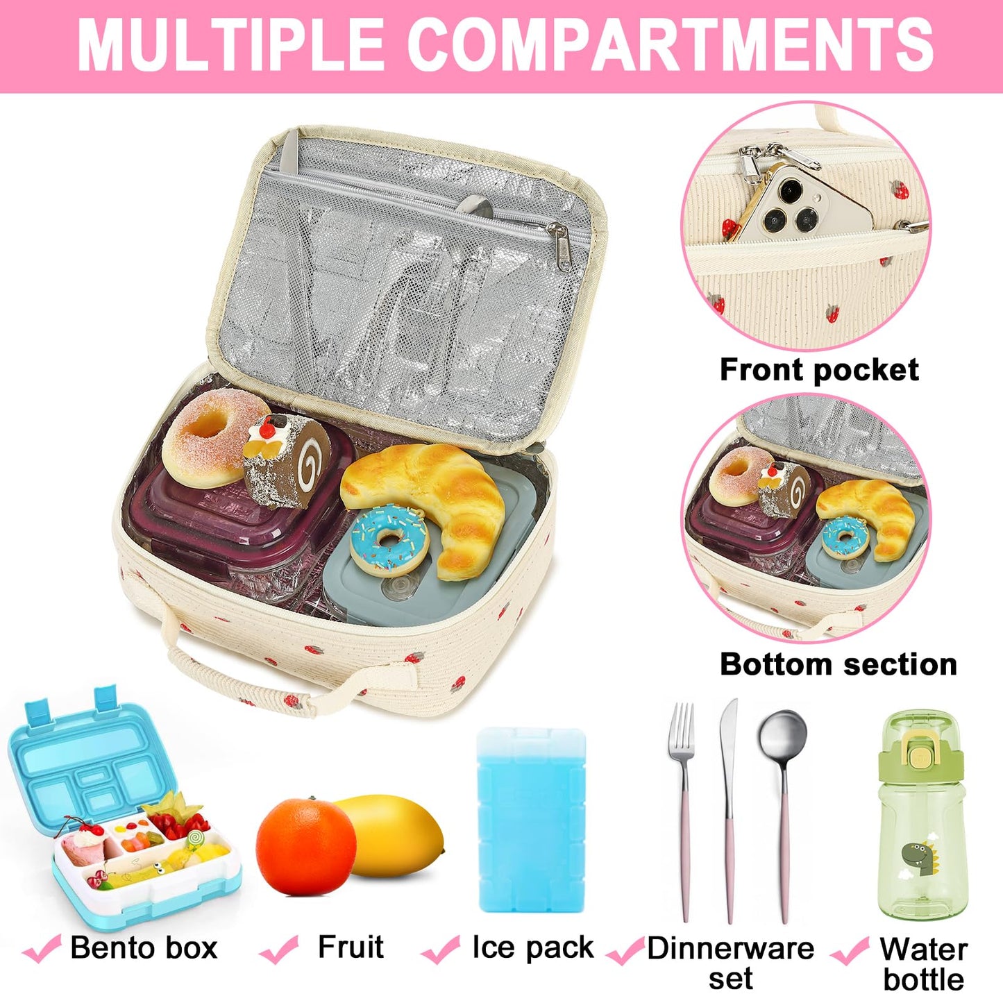 Bluboon Insulated Lunch Bag for Girls & Boys, Corduroy School Lunch Box with Cooler & Organizer Compartments, Leak-Proof Lunch Tote for School, Travel (Corduroy Strawberries Beige)